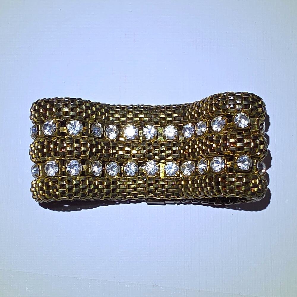 Vintage Gold Tone Box Chain Bracelet Clear Simulated Rhinestones Magnetic Clasp